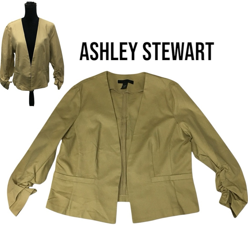 Ashley Stewart Tan Open Ruched Sleeve Cropped Jacket - Women’s 14 NWOT - Picture 2 of 13